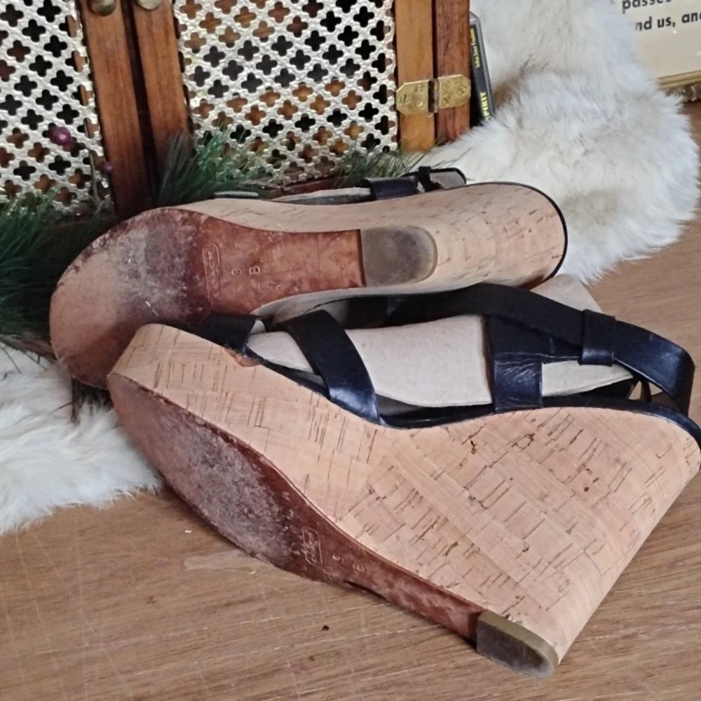 Coach Black Ankle Strap High Cork Heeled Sandles